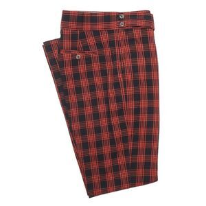 Mens Gurkha Pants Red Orange Black Plaid Wool High Waist Flat Front Trousers 38